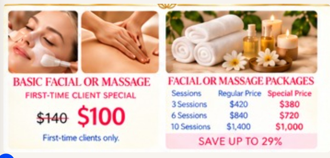 K Wellness NYC promotional offers: first-time client special on a basic facial or massage for $100 (was $140), and facial or massage packages of 3, 6, or 10 sessions saving up to 29%.