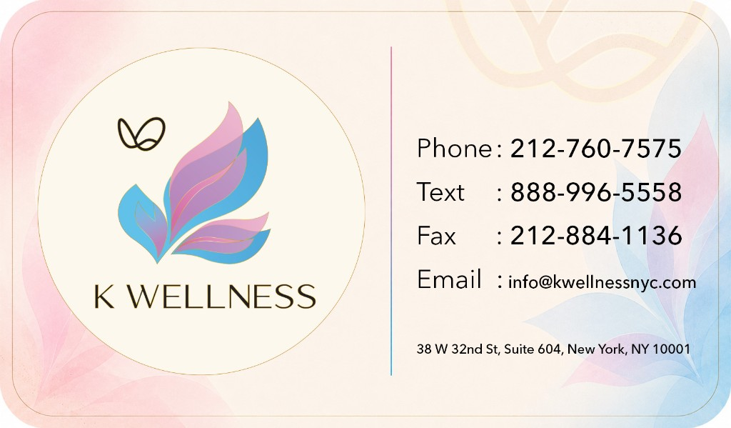 K Wellness NYC contact card with phone, text, fax, email and Midtown Manhattan address