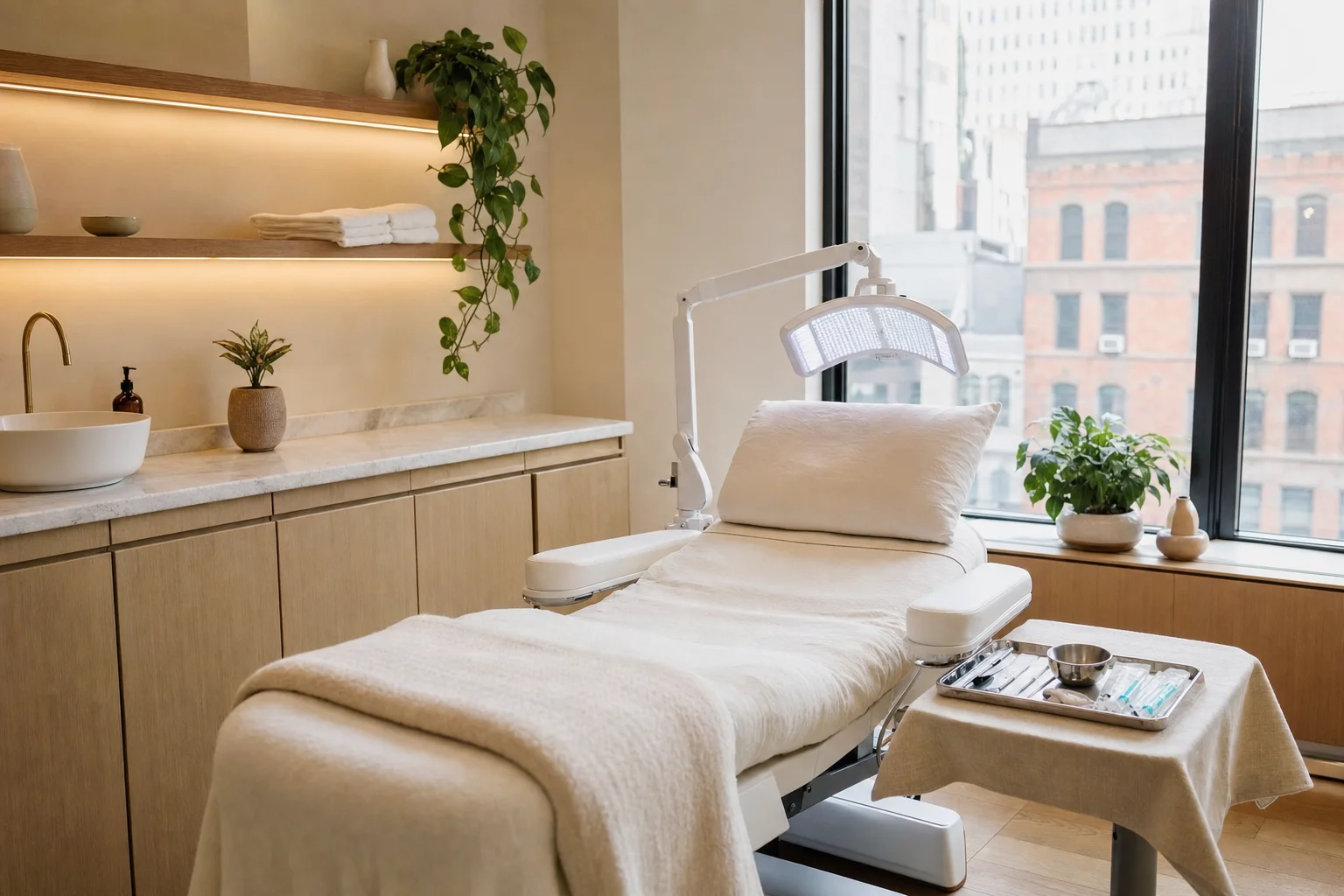 Facial acupuncture treatment room prepared before a session