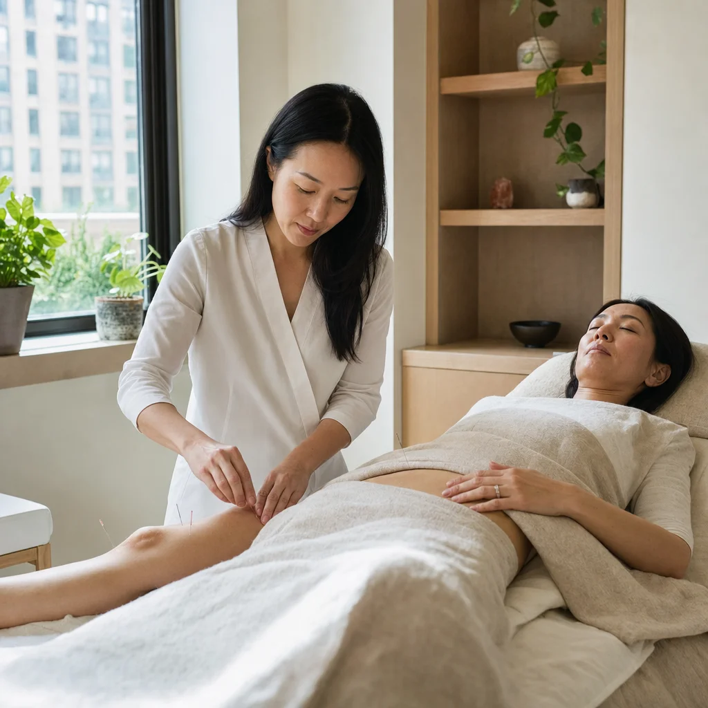 Constitutional body acupuncture performed before facial treatment