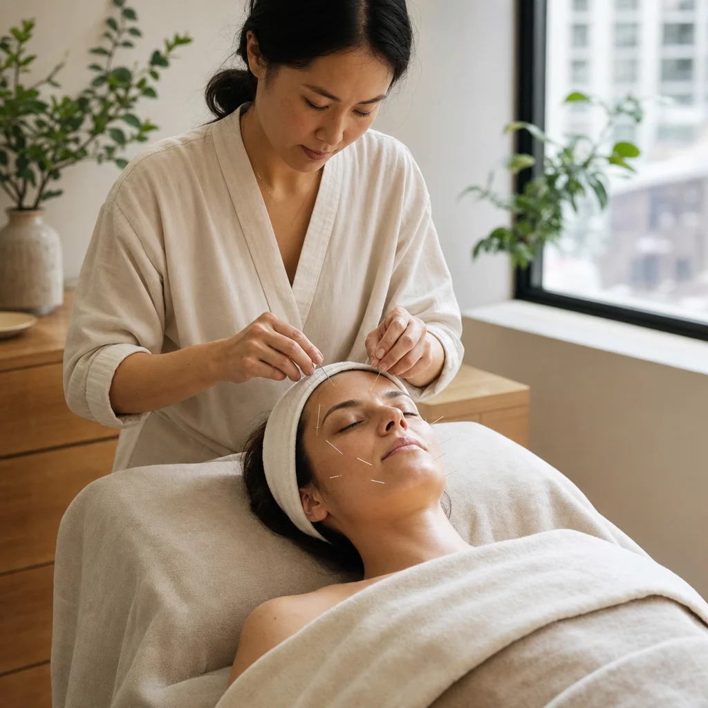 Client resting during a personalized facial acupuncture treatment