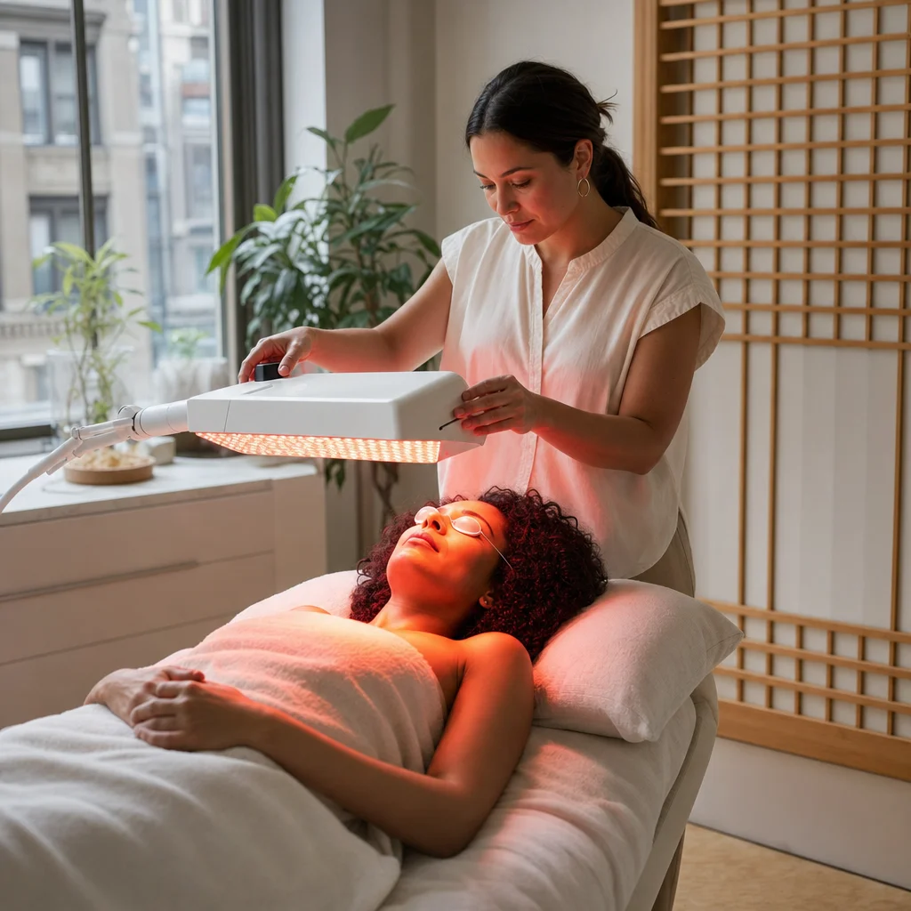 Celluma LED red light therapy applied after facial acupuncture