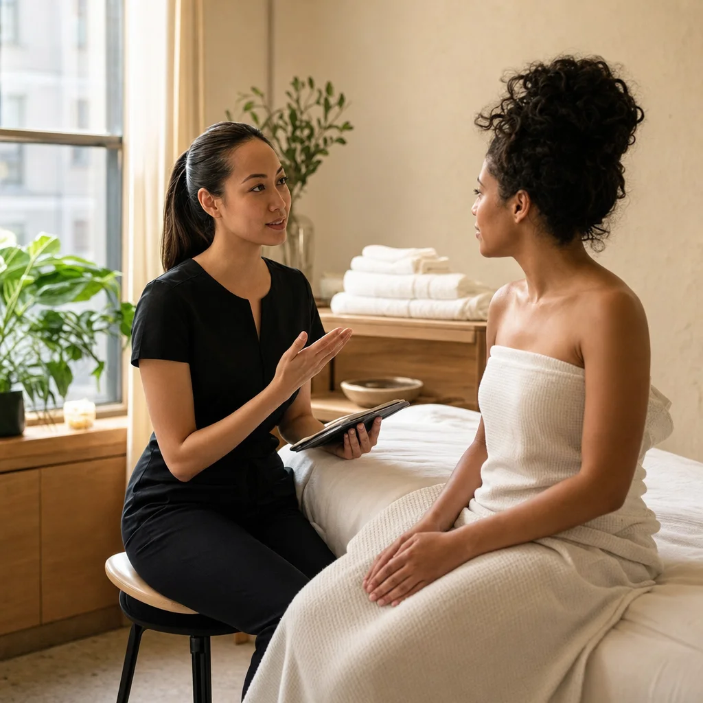 Therapist discussing pressure preference before a custom massage