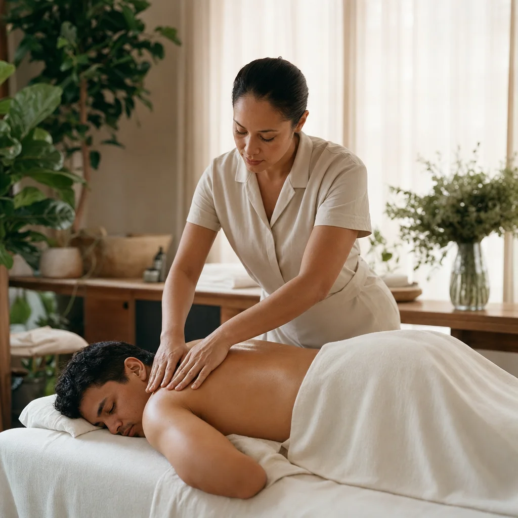Flowing full-body massage technique applied to the upper back