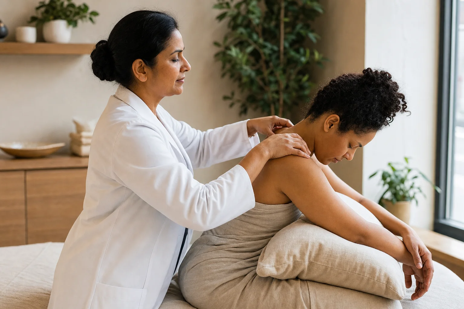 Therapist working along the shoulders and upper trapezius