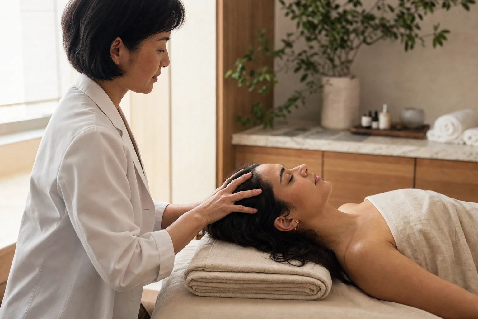 Slow scalp and temple massage during a focused upper-body session