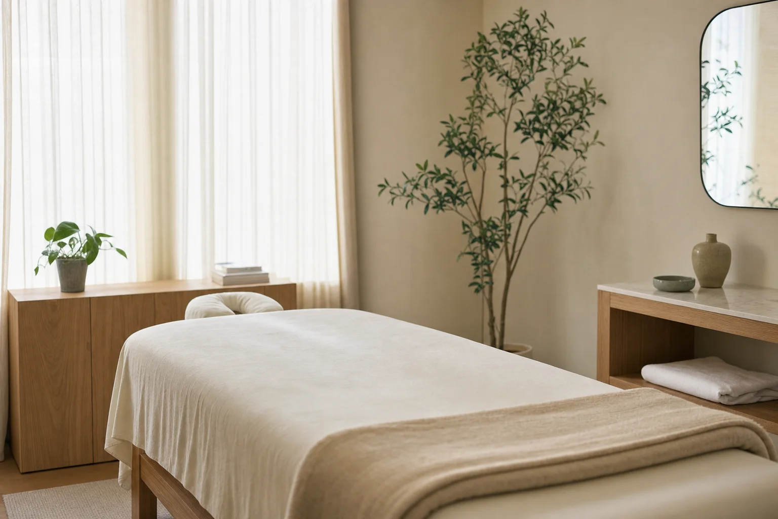 Bright minimal treatment room prepared for a gentle wellness massage