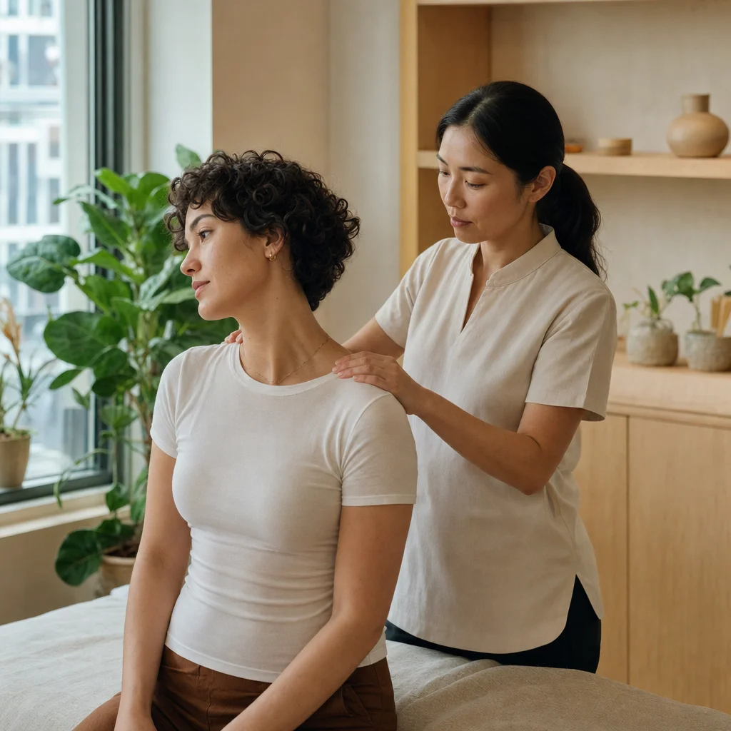 Practitioner assessing neck and shoulder mobility before treatment