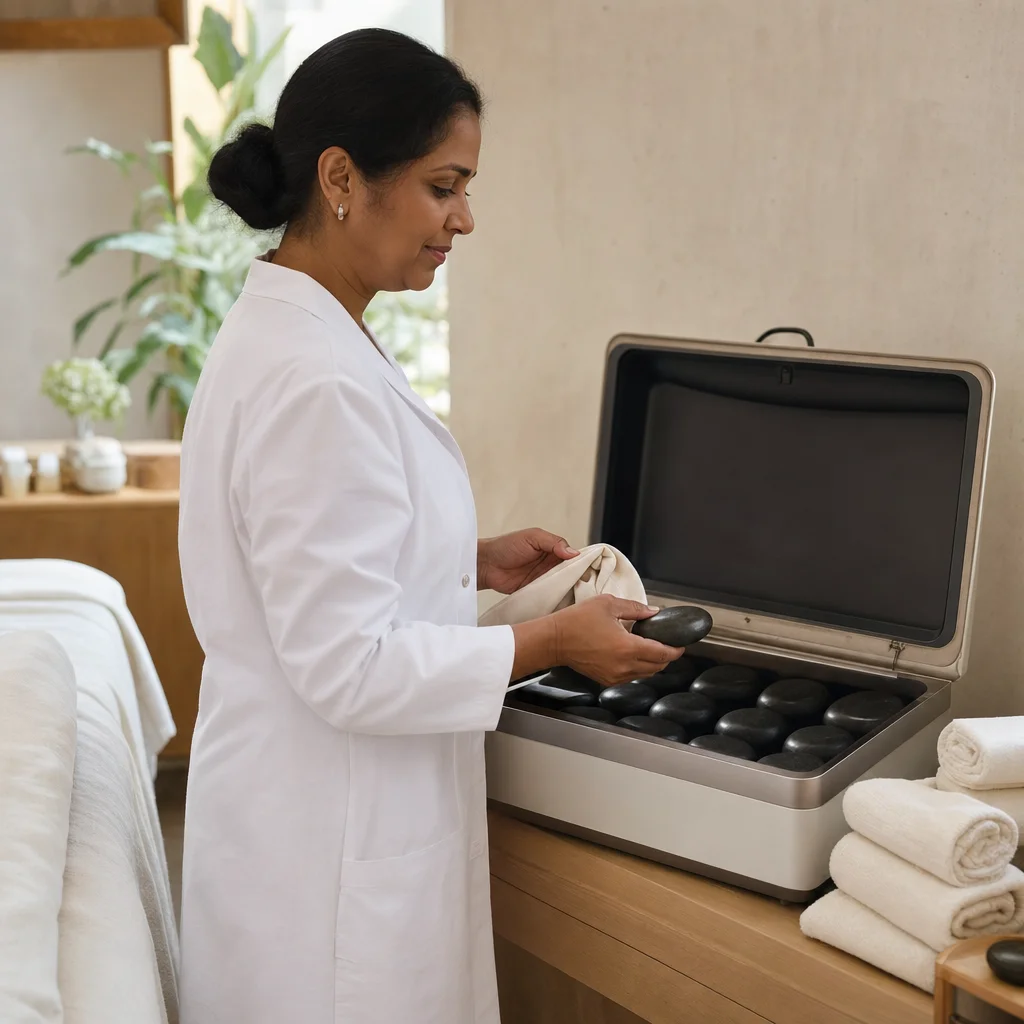 Basalt massage stones prepared in a professional warming unit