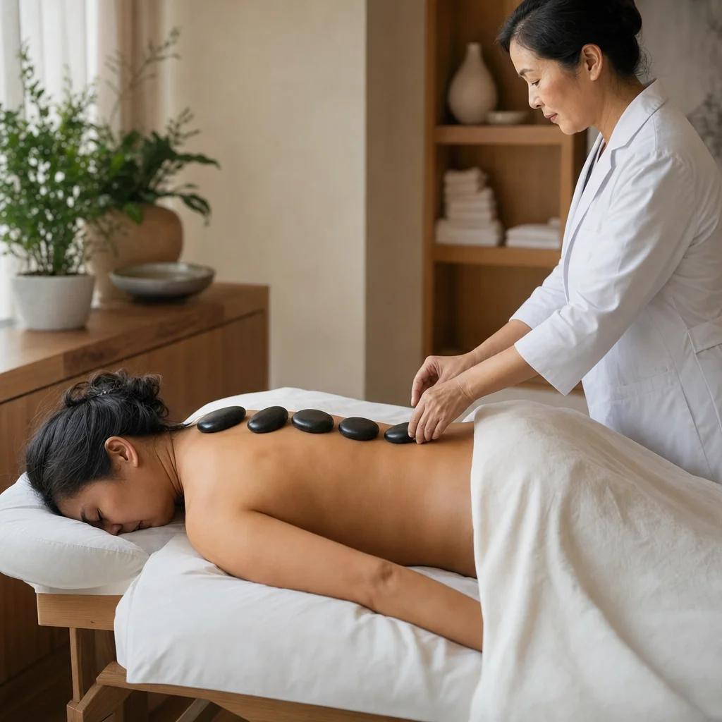 Warm basalt stones placed along the back during treatment