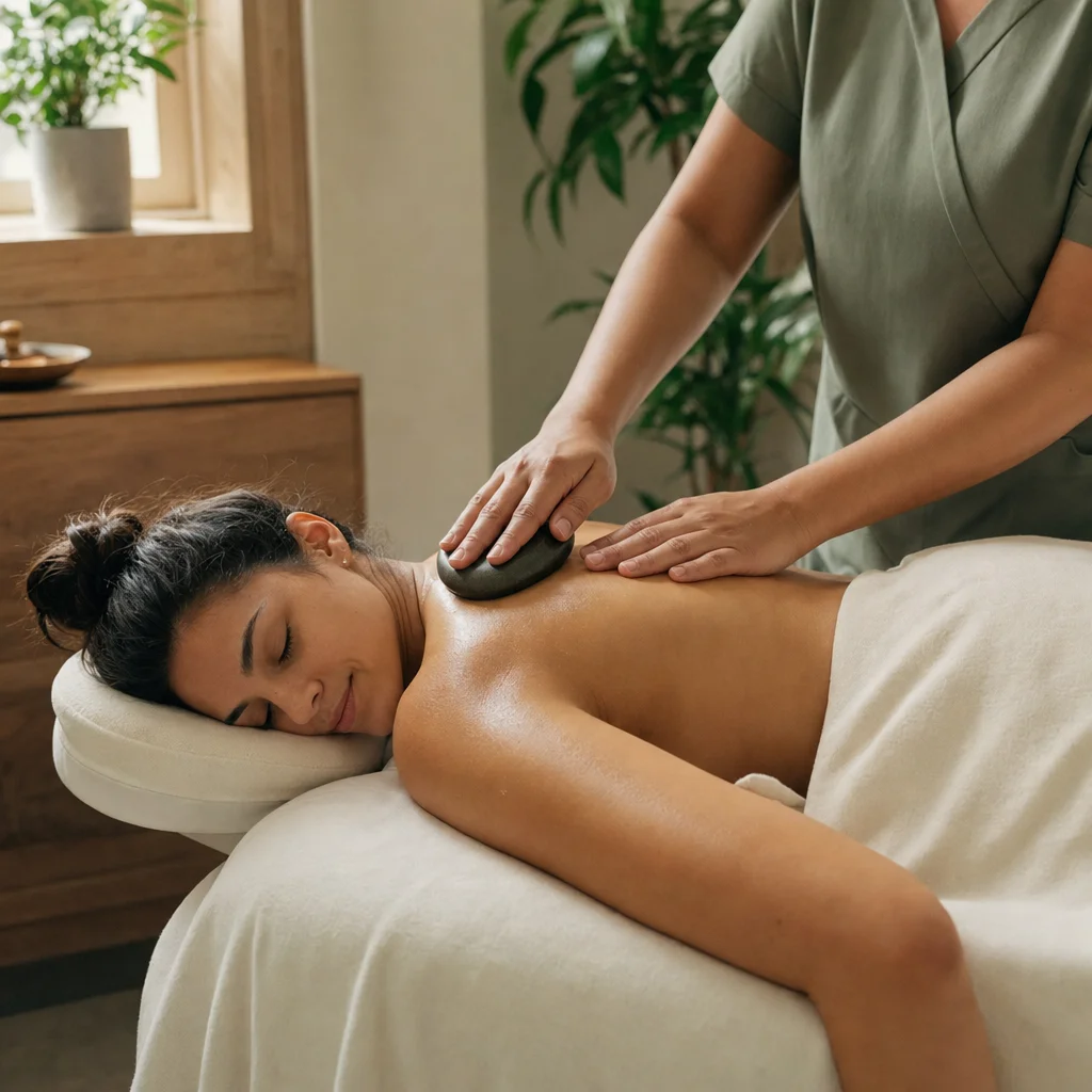 Therapist using a warm stone as part of the massage technique