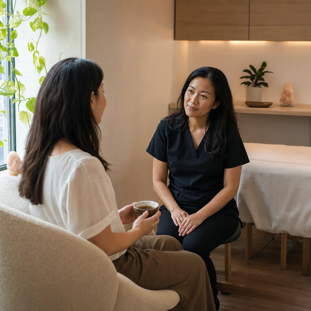 Quiet pre-treatment conversation in a calm consultation corner
