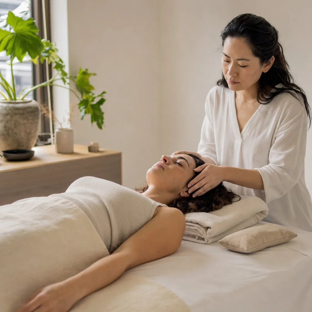Client resting during a relaxation-focused acupuncture treatment