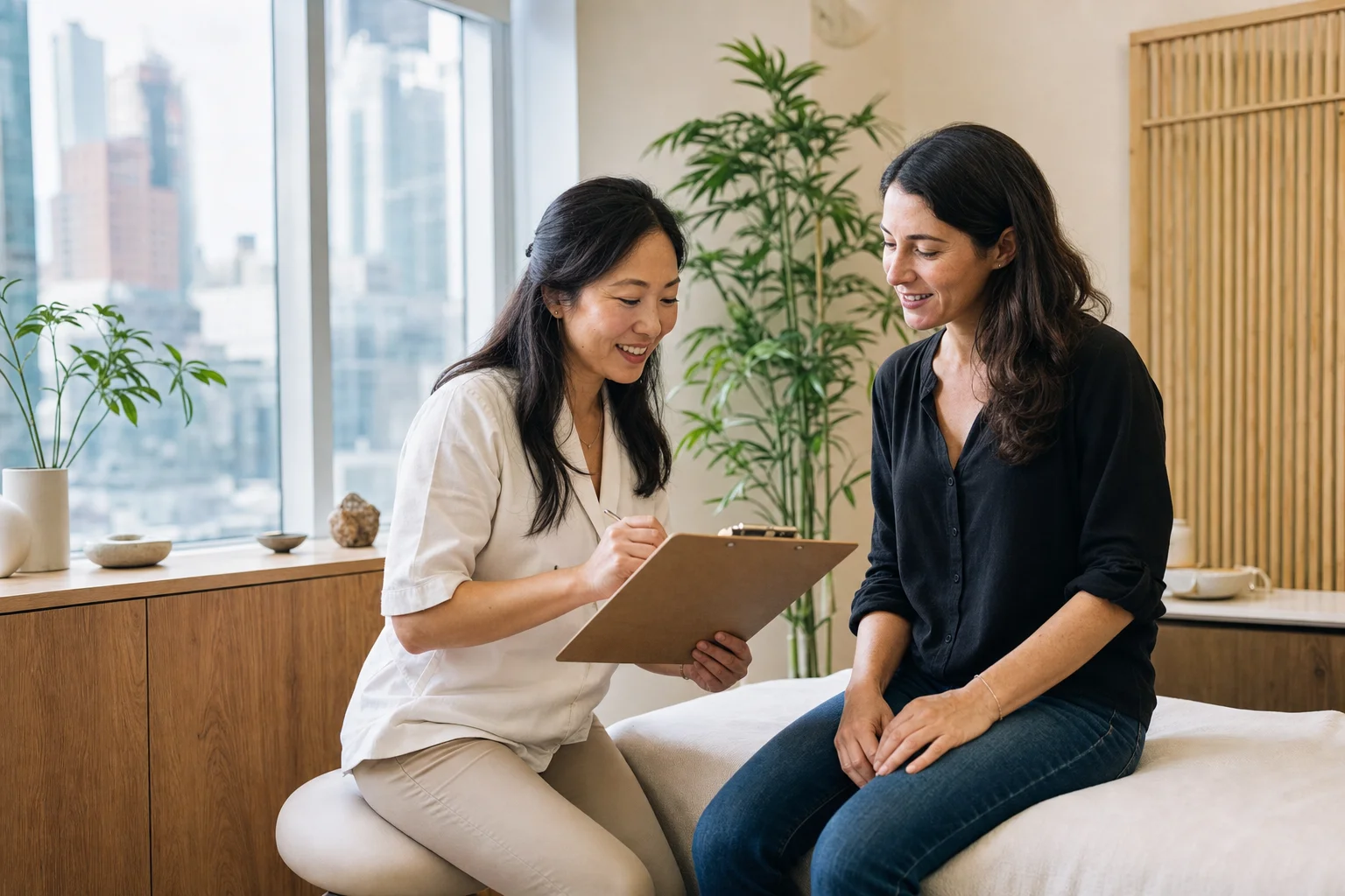 Private consultation with a female acupuncturist before treatment