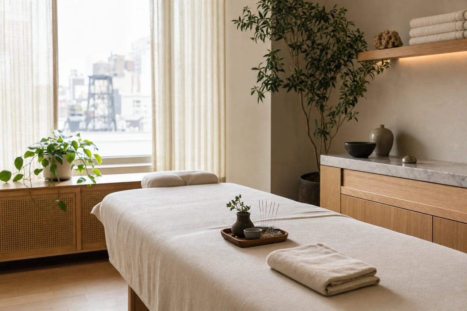Acupuncture treatment room prepared for a first consultation visit
