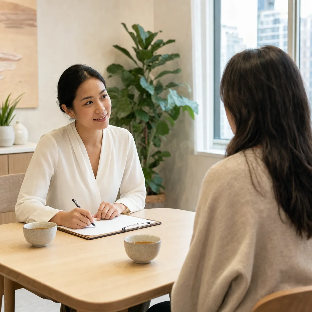 Acupuncturist taking a detailed health history during an initial consultation