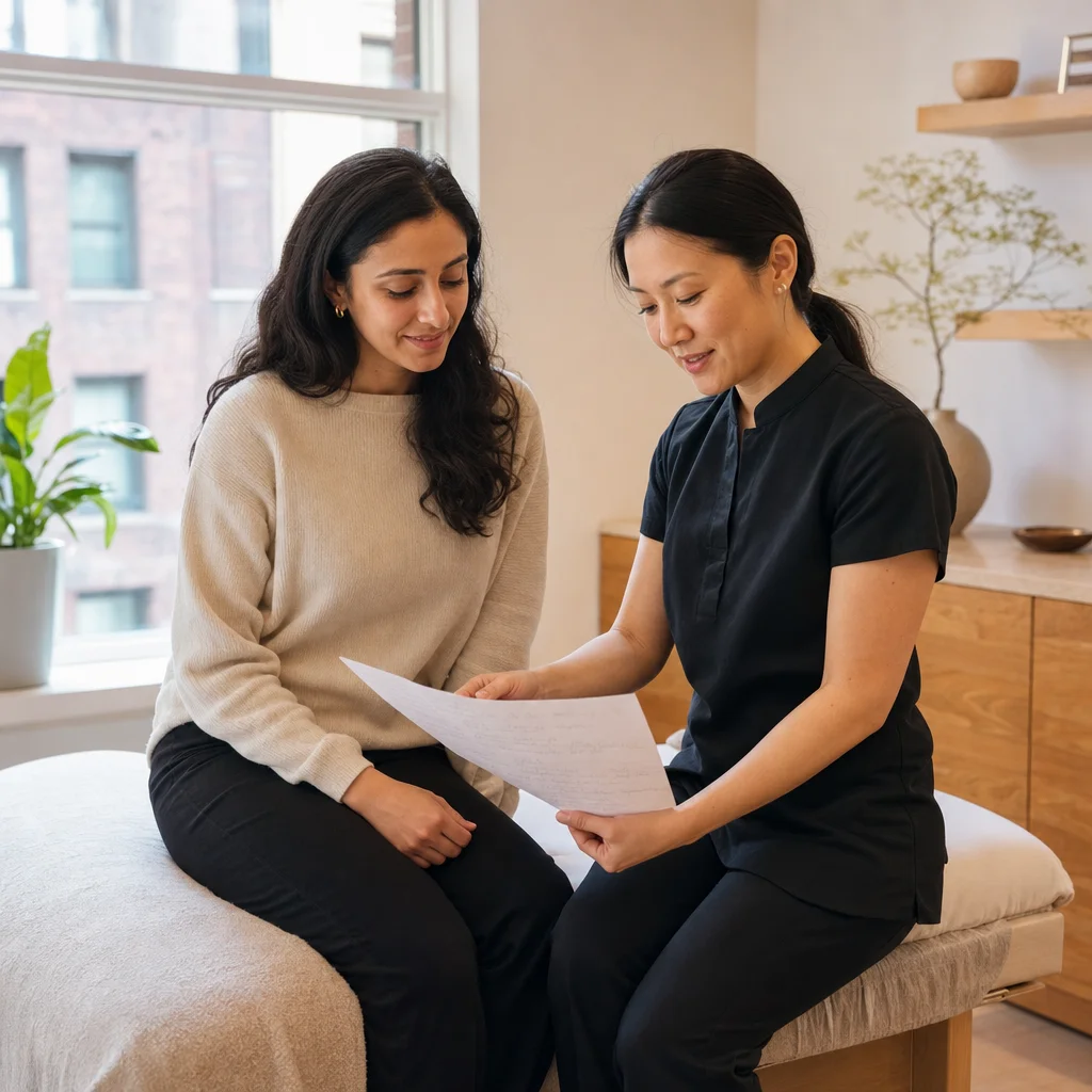 Practitioner and client discussing a follow-up acupuncture care plan