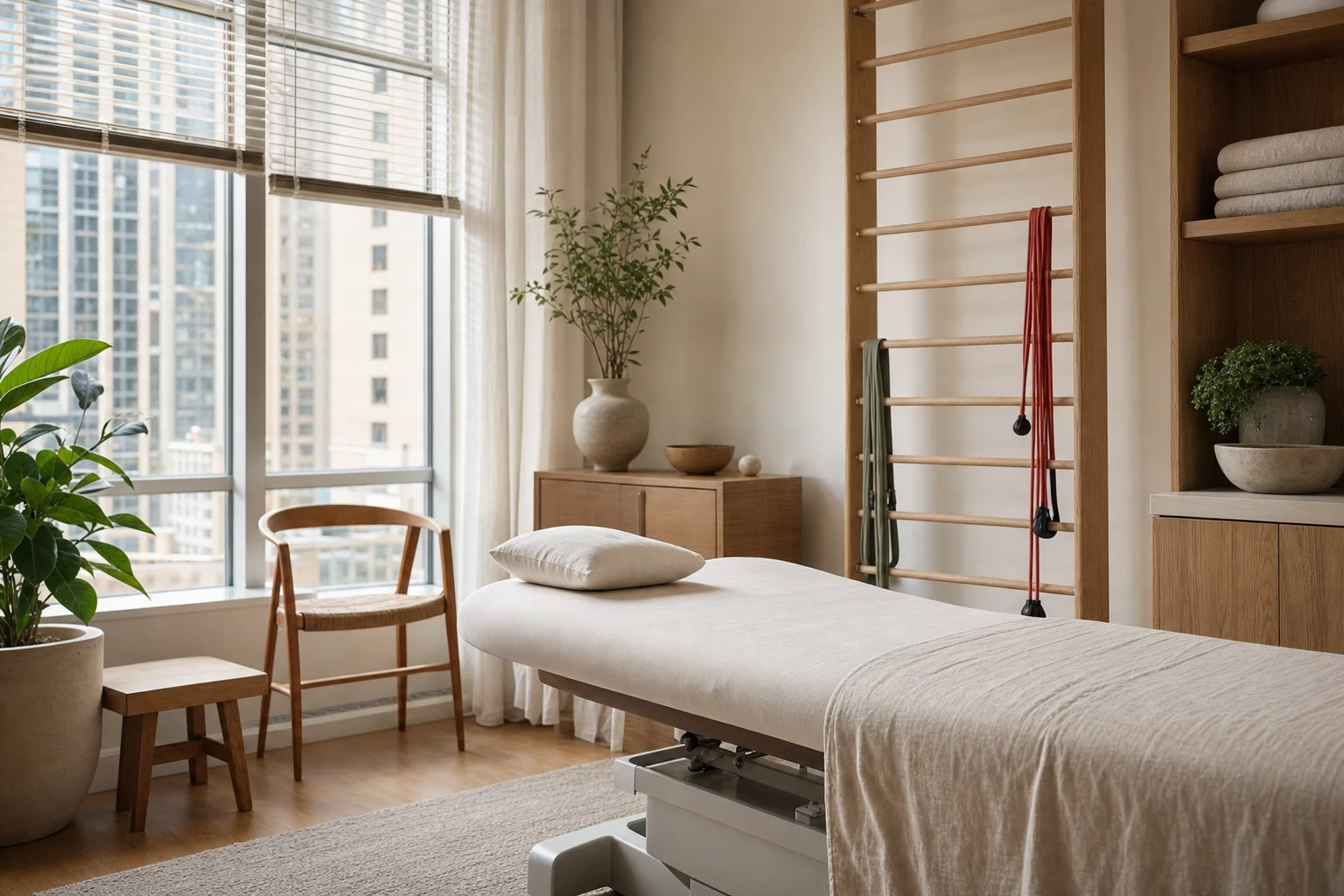 Treatment room prepared for a physical therapy follow-up session