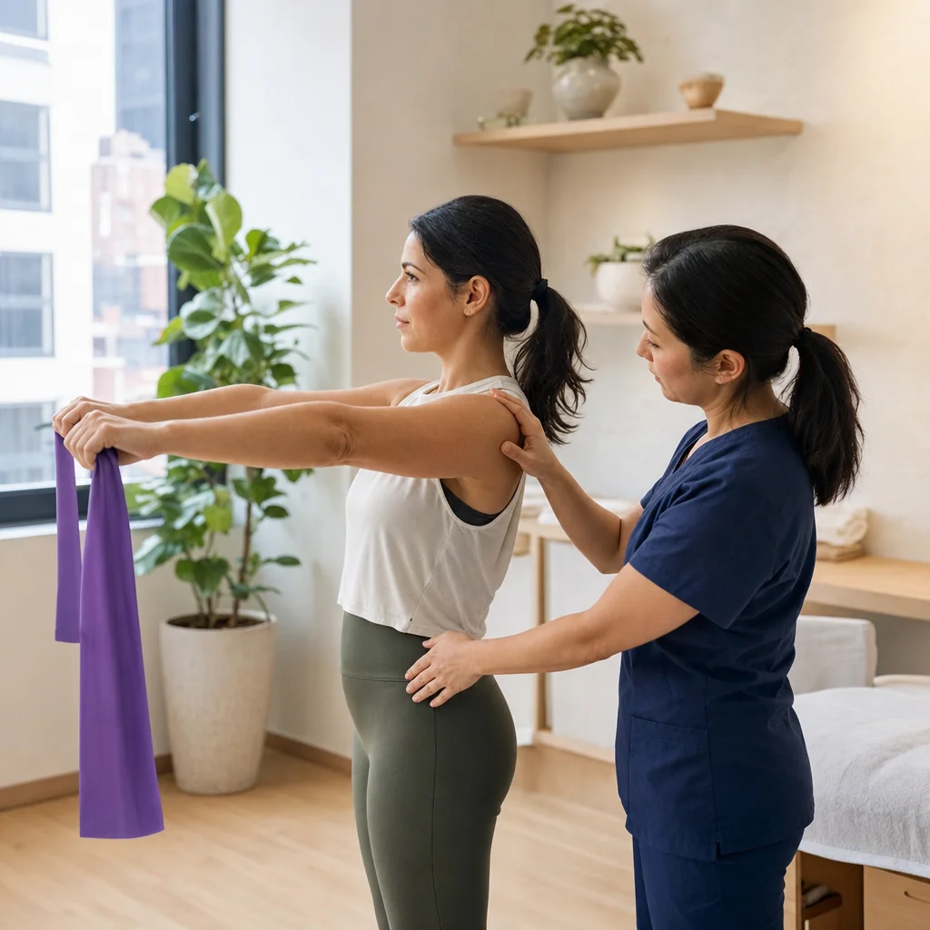 Resistance-band strengthening during a PT follow-up visit