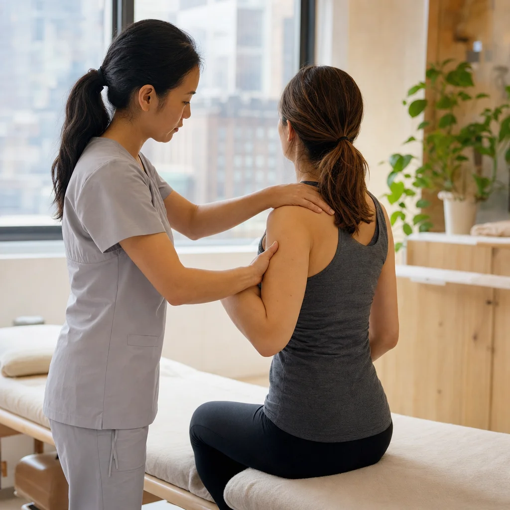 Shoulder mobility assessment during a physical therapy initial evaluation