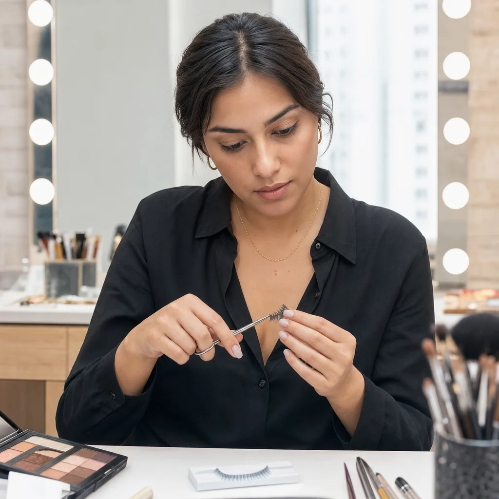 Trimming a strip lash band to fit the client's eye shape