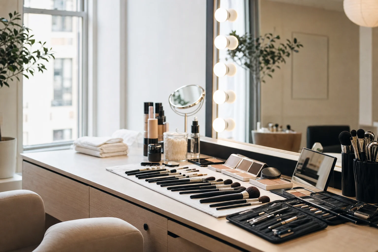Professional makeup station prepared before an appointment