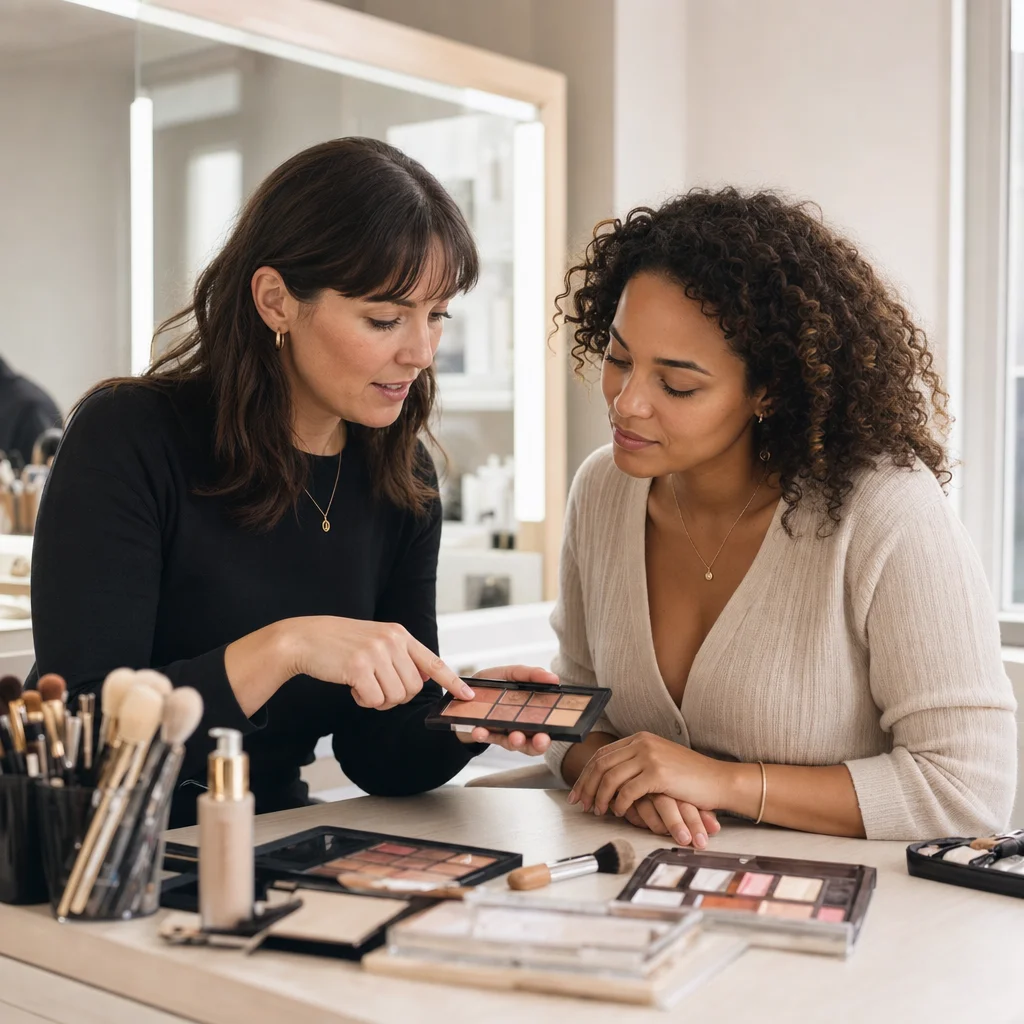 Makeup artist and client discussing the look before application