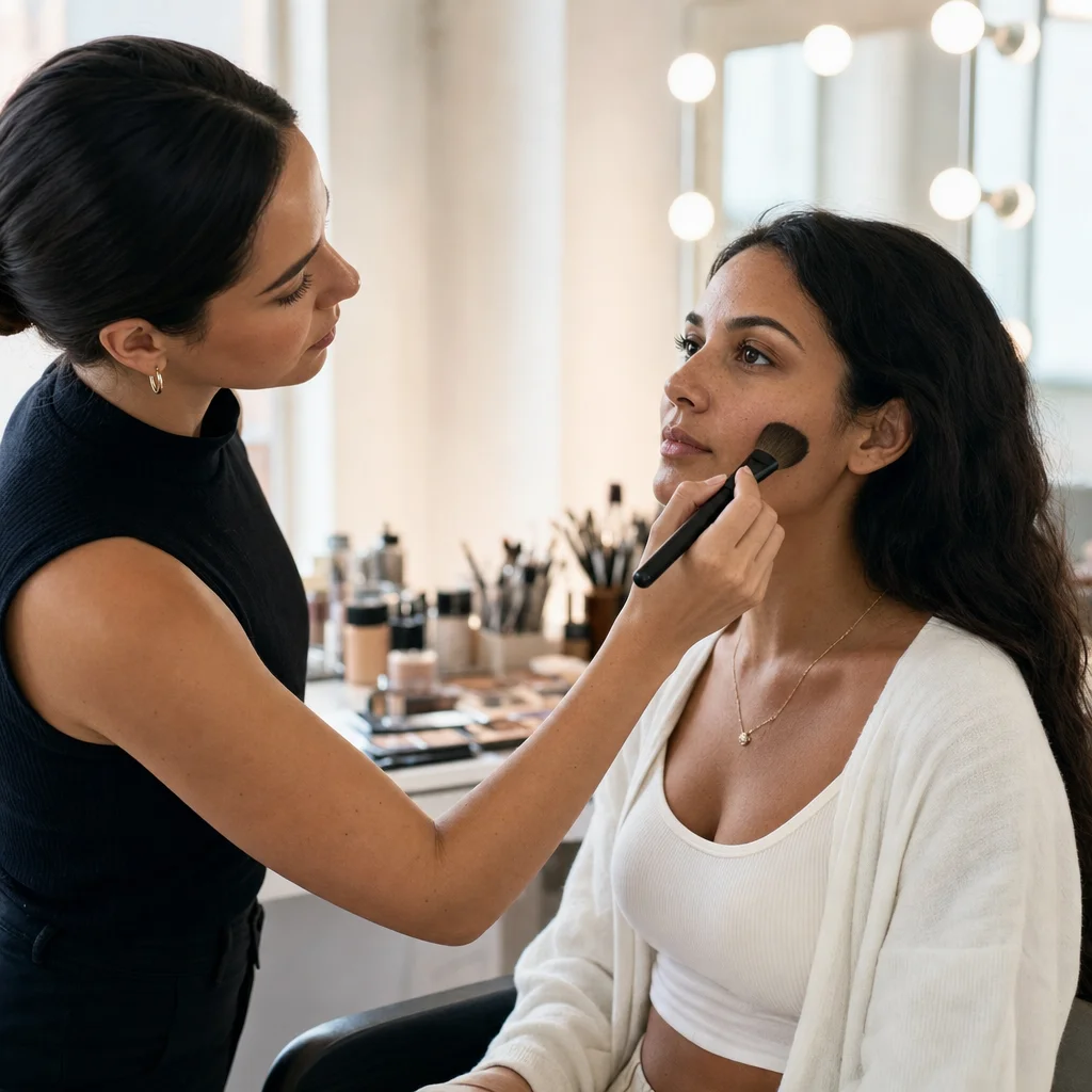 Complexion makeup applied with a professional brush