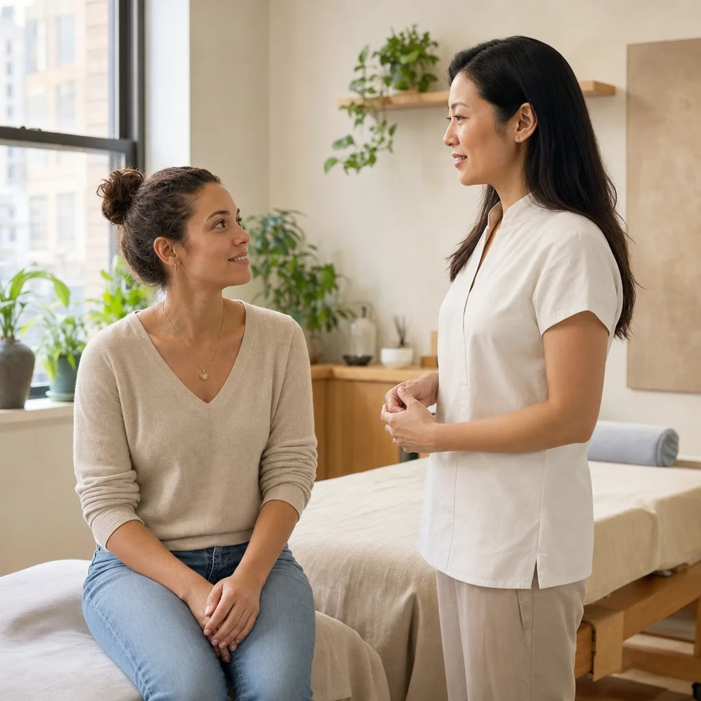 Brief progress check-in at the start of an acupuncture follow-up session