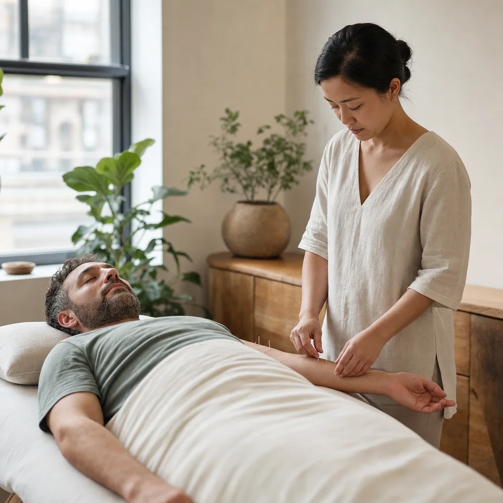 Client resting during a personalized acupuncture follow-up treatment