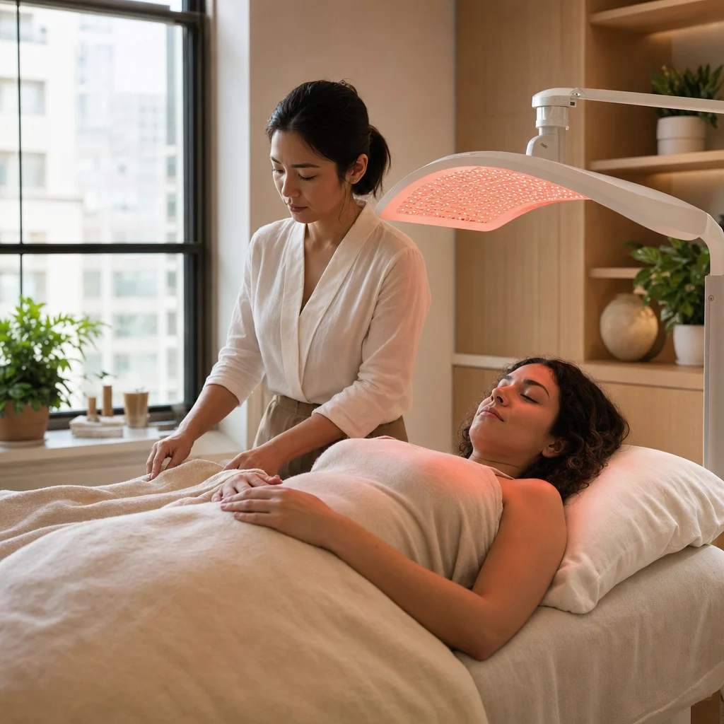LED red light therapy applied at the end of an acupuncture session
