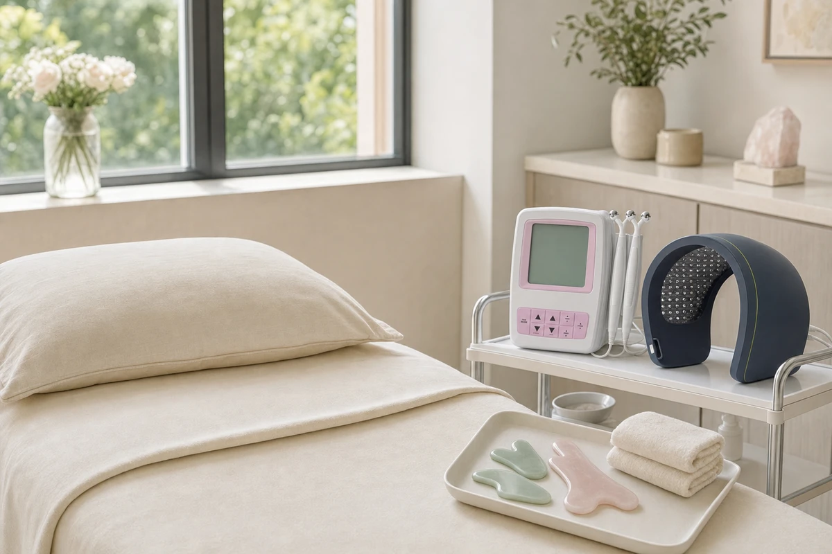 Treatment room with microcurrent and red light devices prepared
