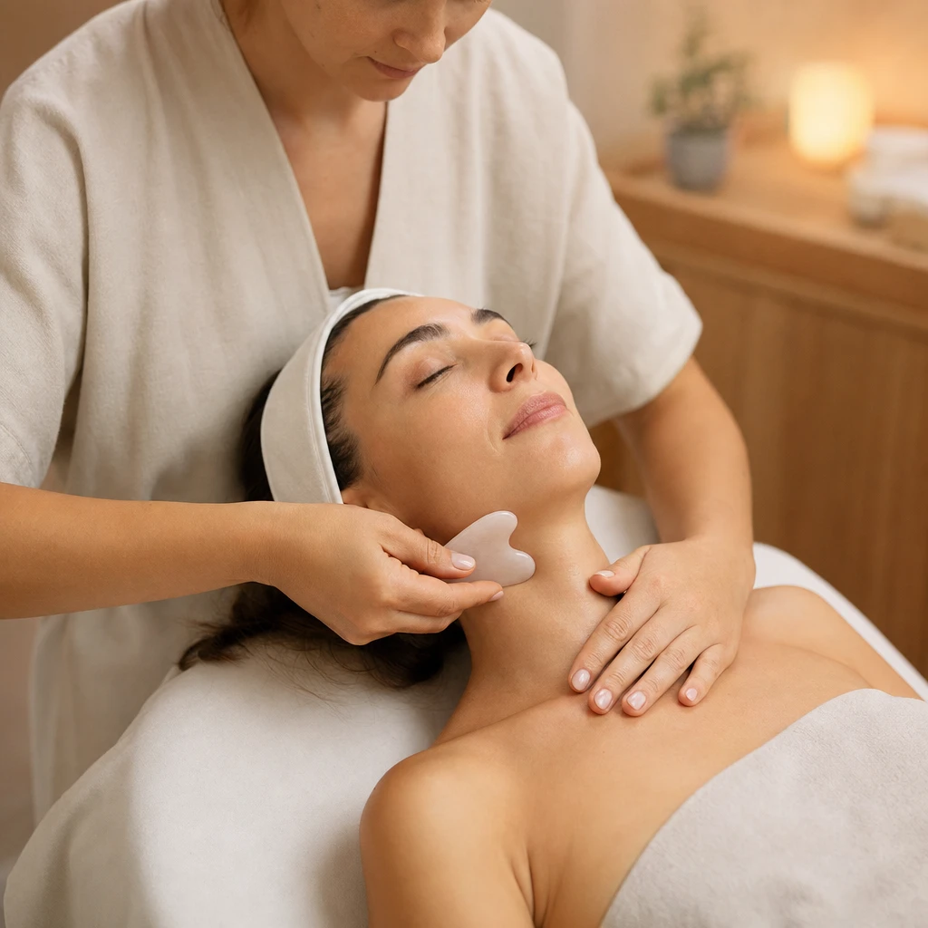 Lymphatic gua sha along the jawline and neck
