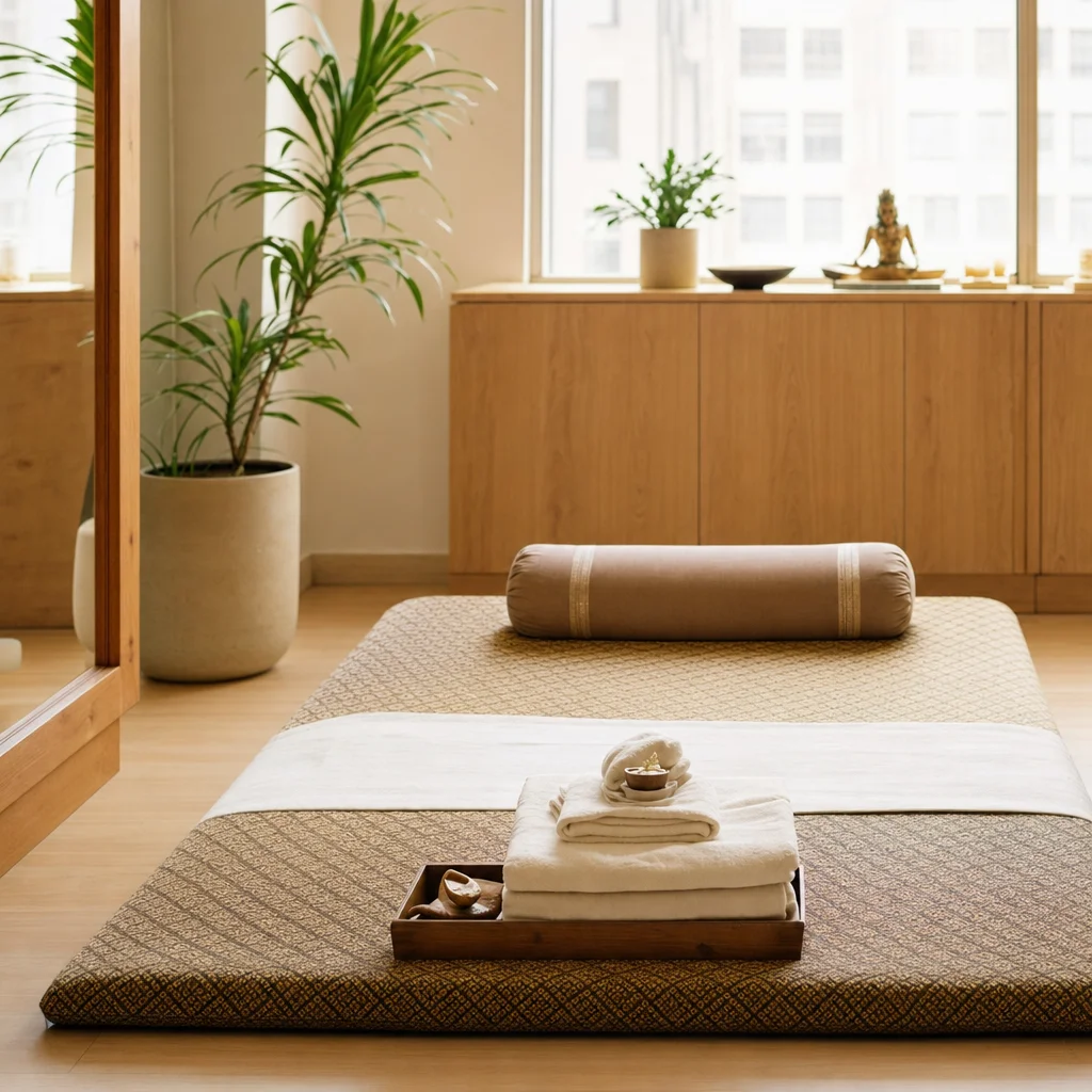 Thai massage mat and bolster prepared for a session
