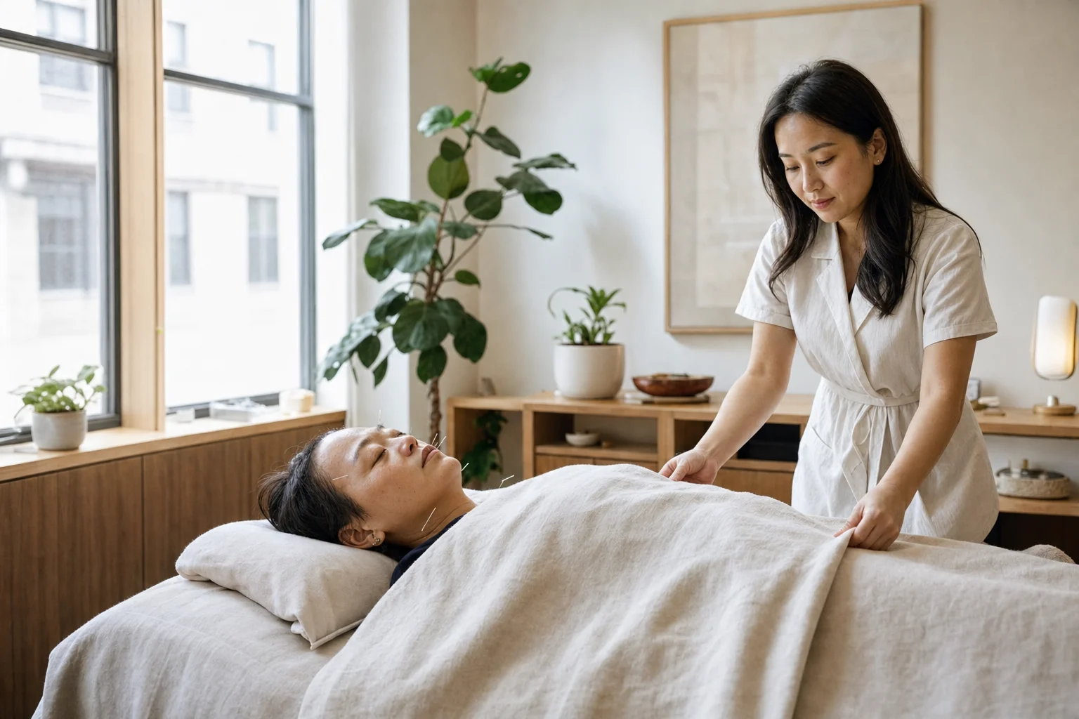 Client resting deeply during an extended ninety-minute acupuncture session