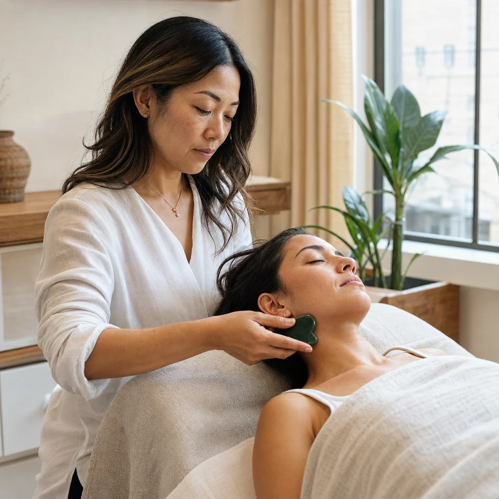 Gentle lymphatic gua sha performed along the jawline and neck