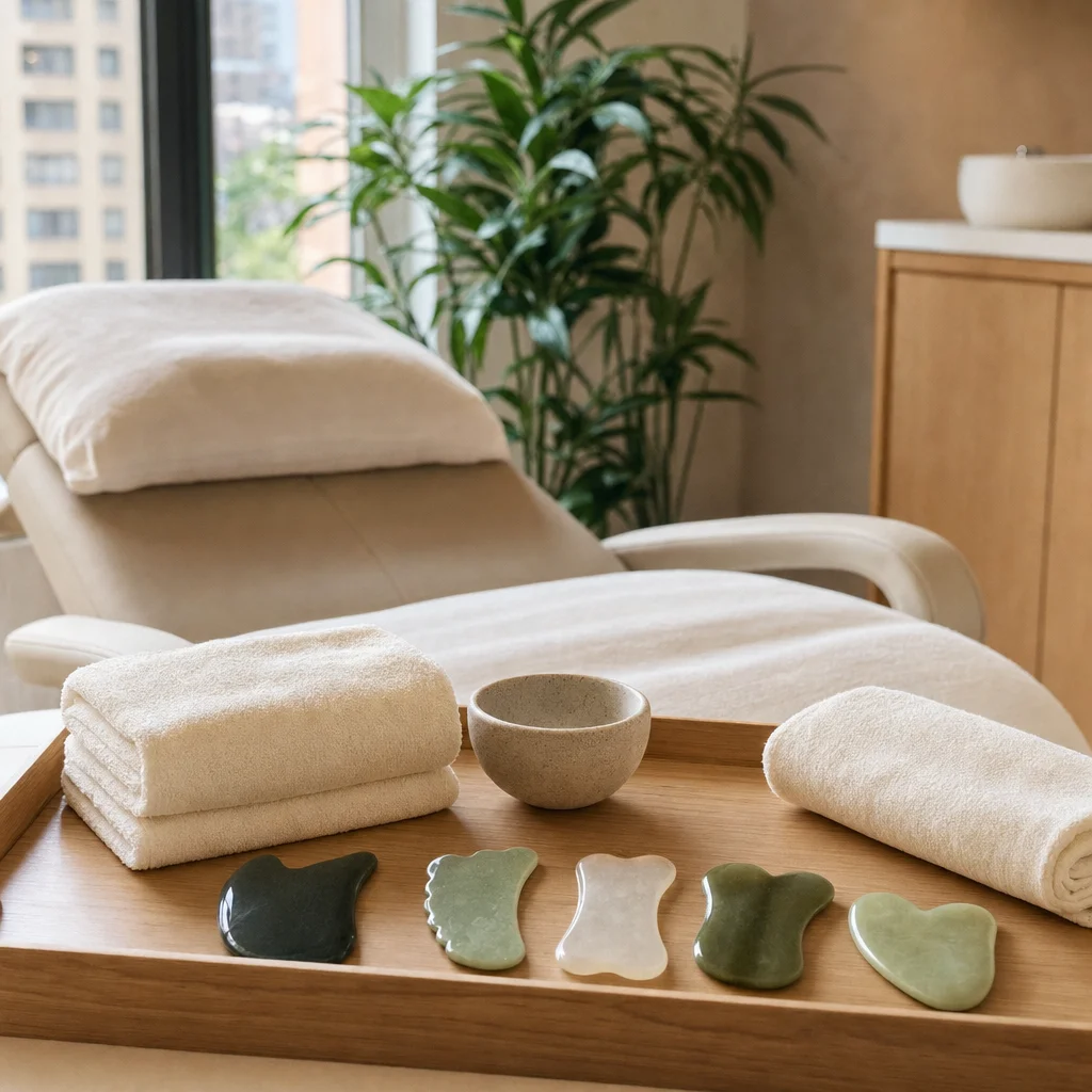 Gua sha tools and linens prepared for a facial rejuvenation treatment