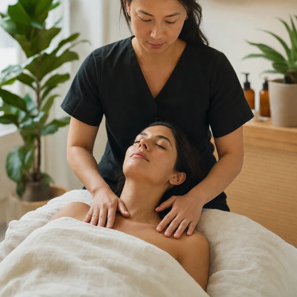 Gentle neck drainage strokes during Brain Care