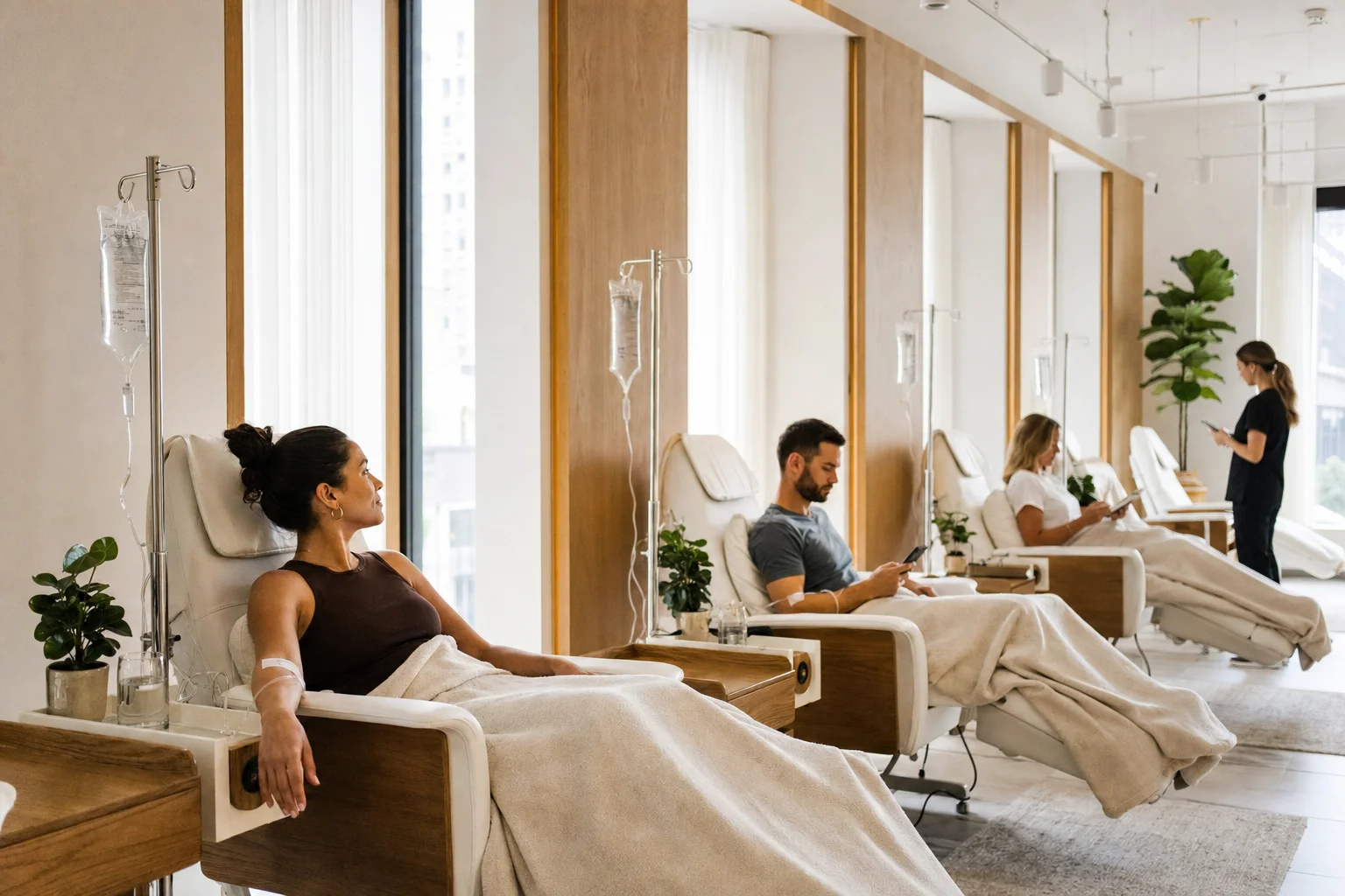 Bright lounge prepared for detox-support wellness IVs