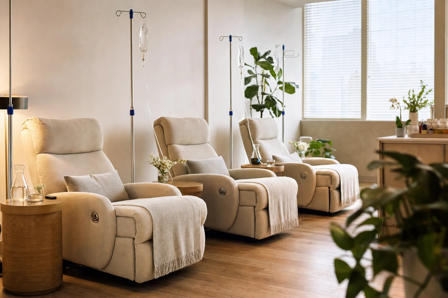 Quiet recovery lounge prepared for fatigue IV visits