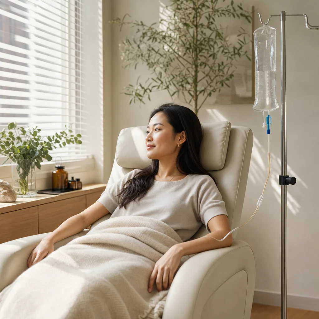 Fatigue recovery IV rest in a quiet lounge