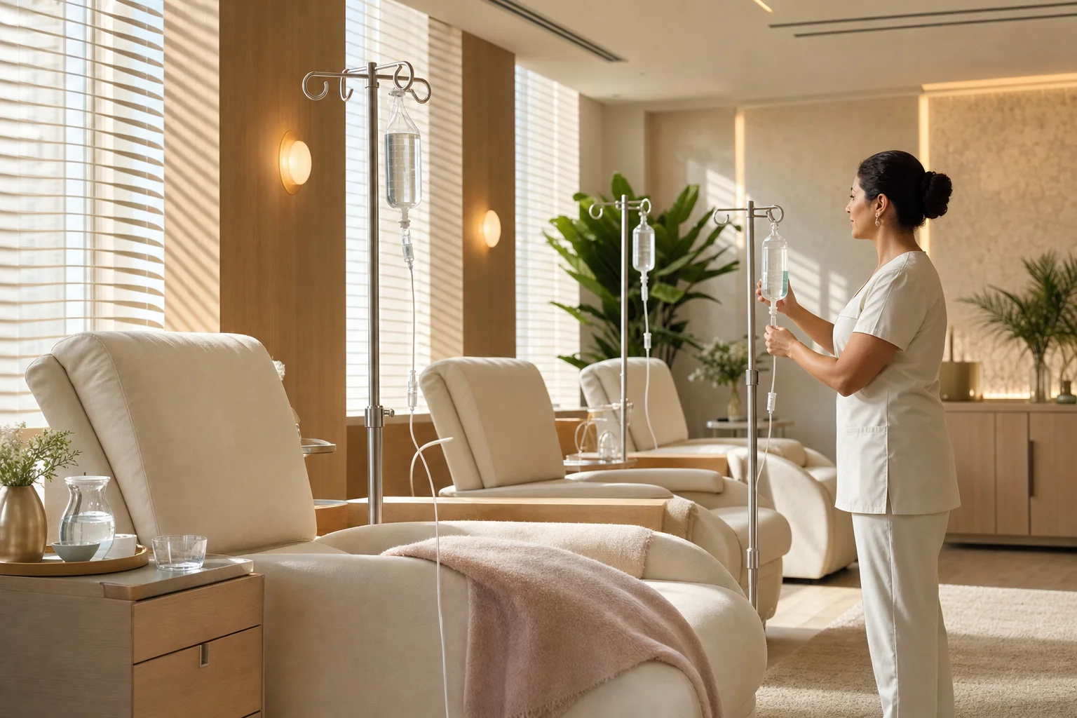 Upscale IV wellness lounge prepared for hydration sessions