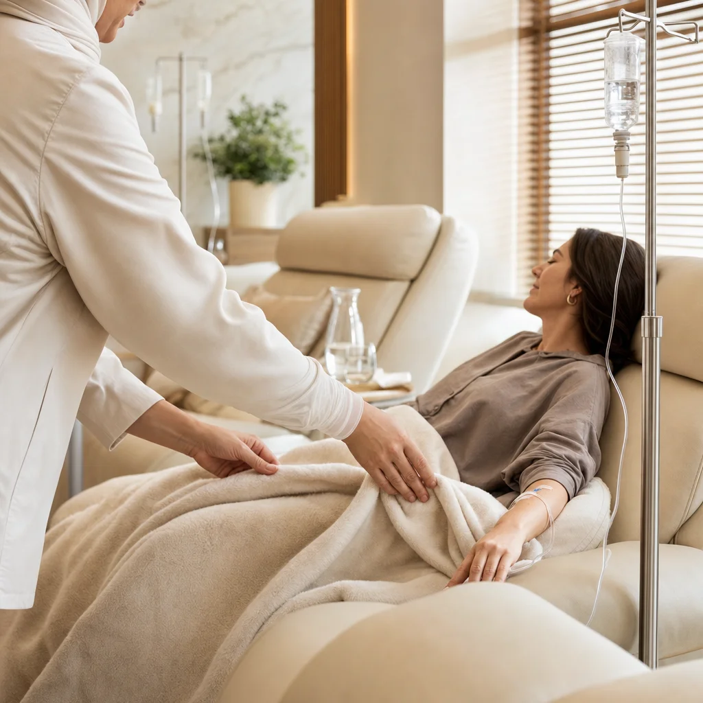 Comfort care during an IV wellness session