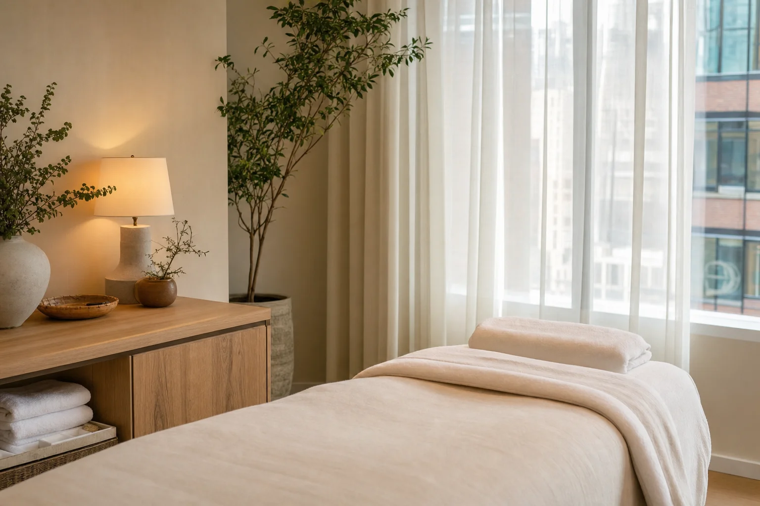 Room prepared for a two-hour acupuncture and massage session