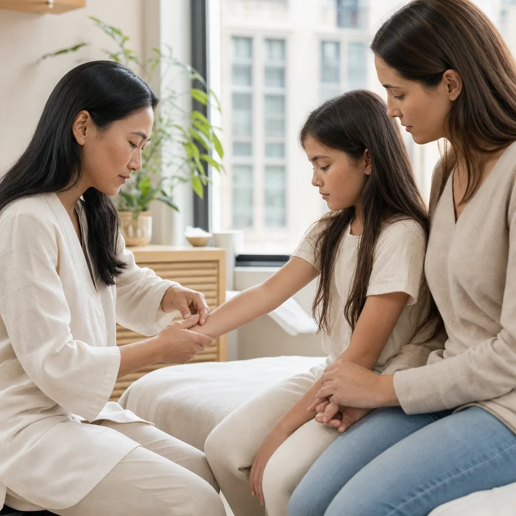 Gentle acupressure applied to a child during a wellness session
