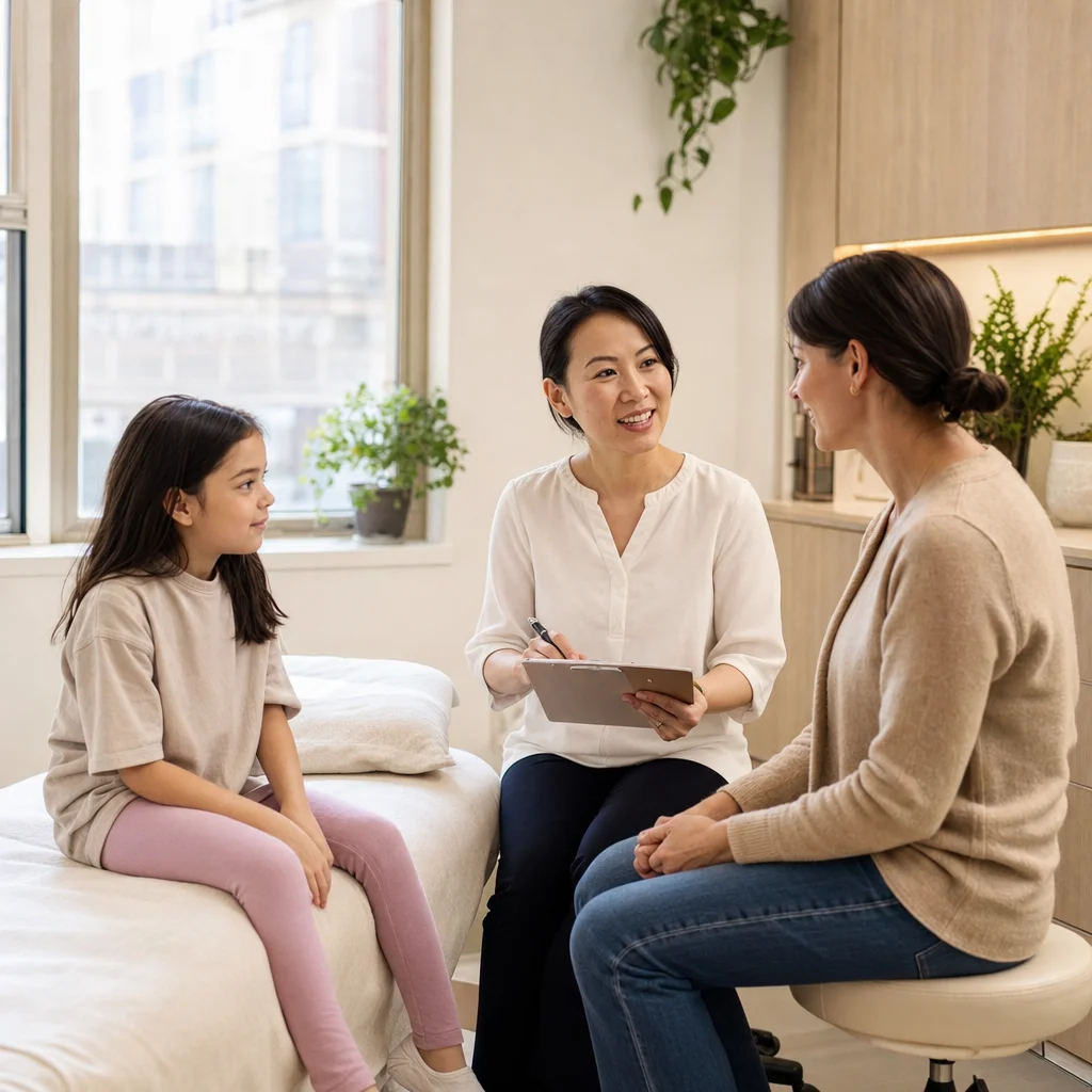 Practitioner debriefing a parent after a pediatric wellness session