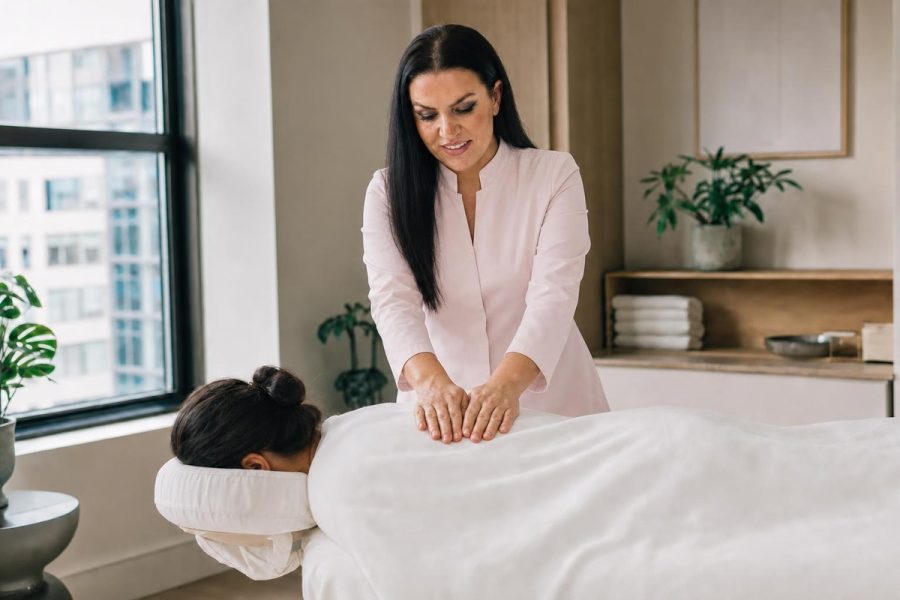 Deep tissue massage — pink spa tunic therapist looking down