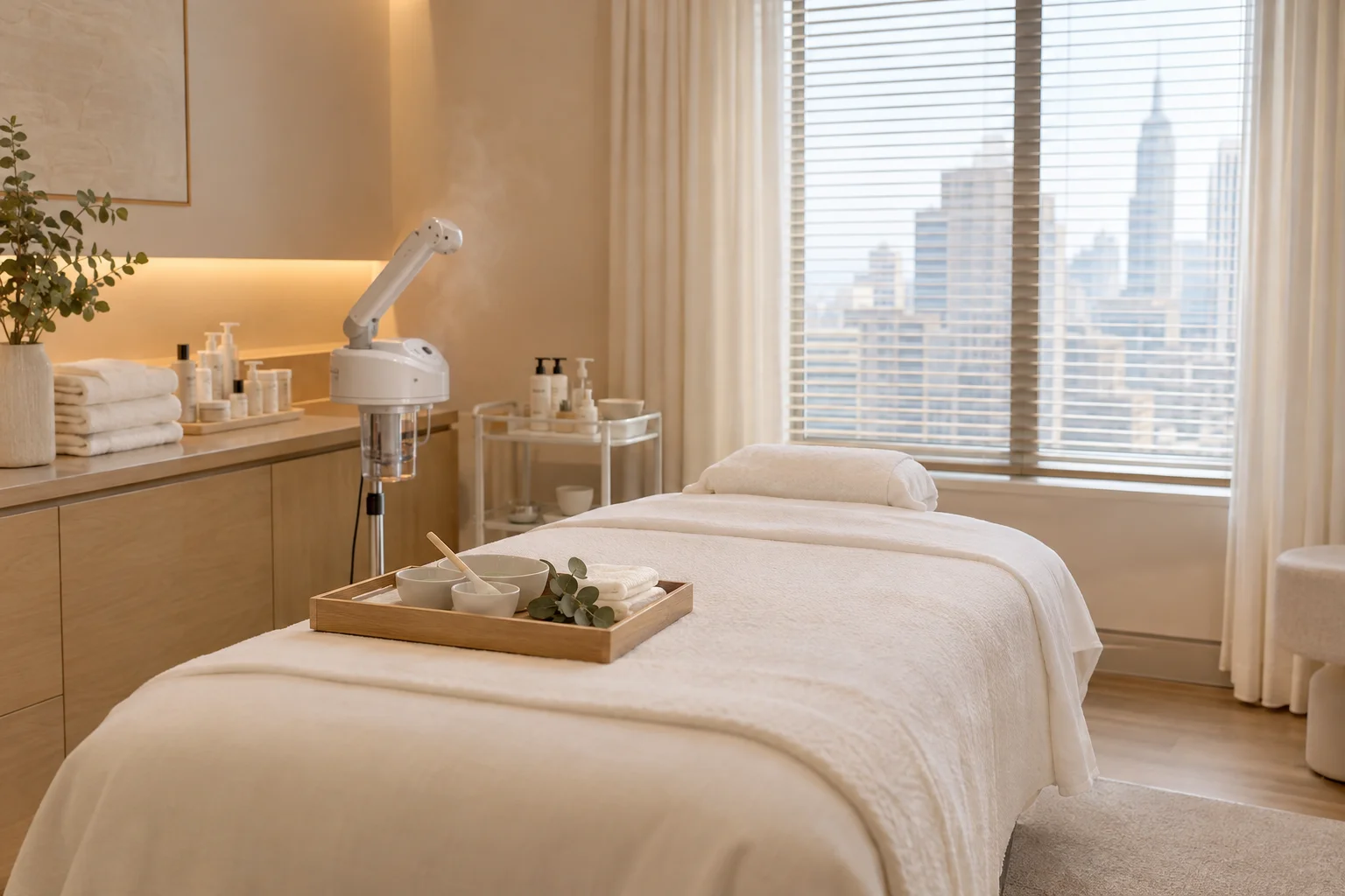 European facial room with steamer and mask tools prepared
