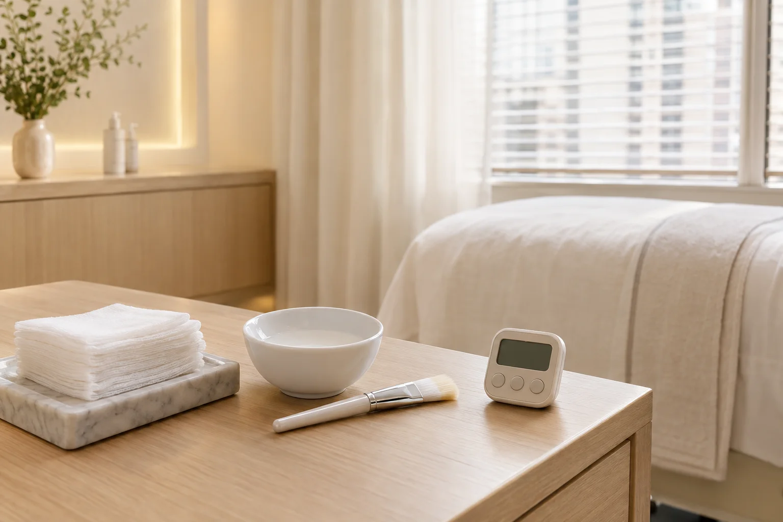 Peel station prepared for a 30-minute glycolic treatment