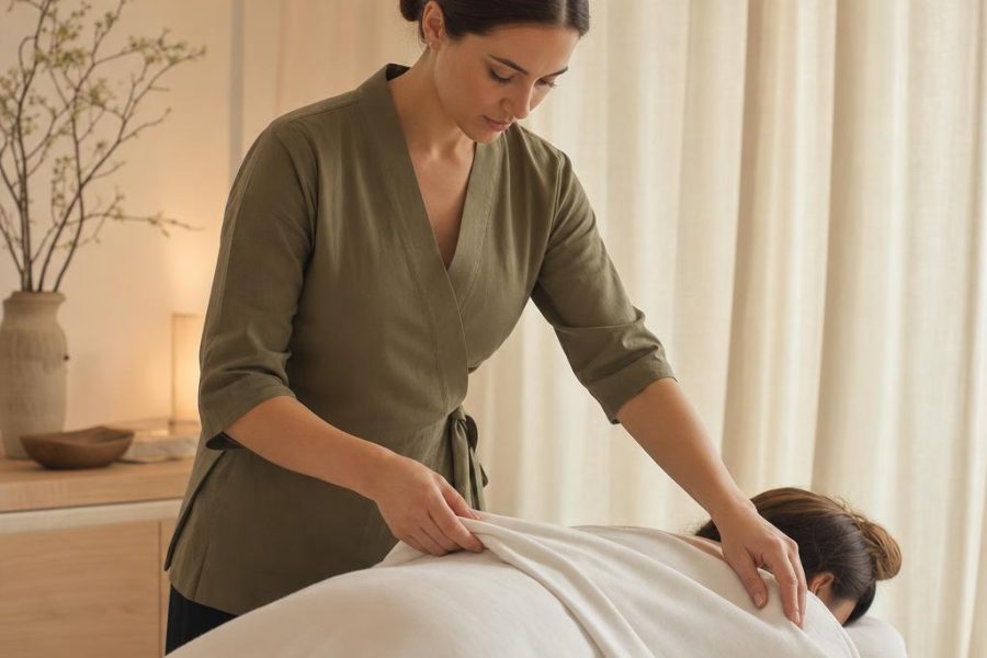 A full-body comfort visit. You lie draped while Margaret chooses an aroma with you and works slowly over the back and legs.